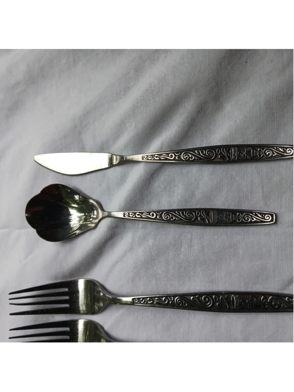 VTG MCM Stainless Steel Flatware Set Scroll Asian Good Luck Bell Chalice